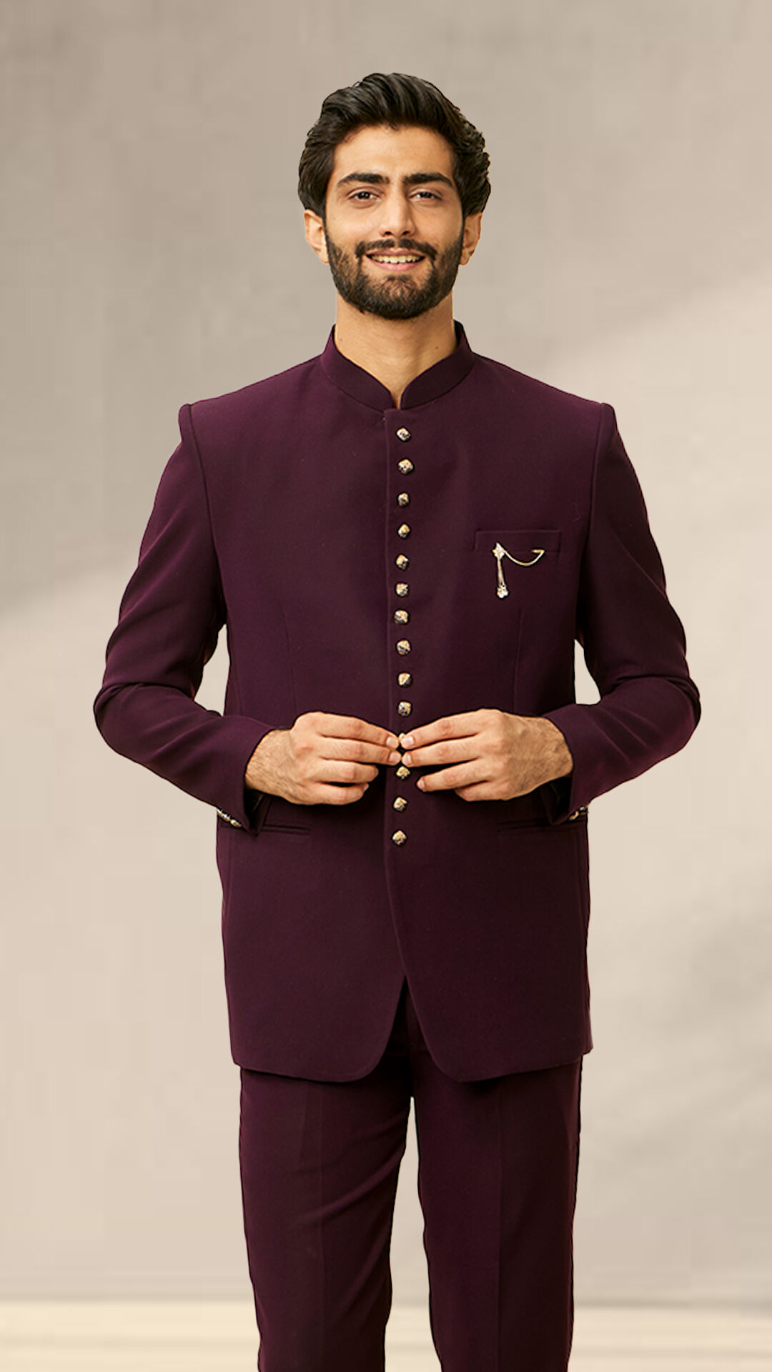 Man in a minimalist brown silk Jodhpuri suit styled for an elegant groom vibe.